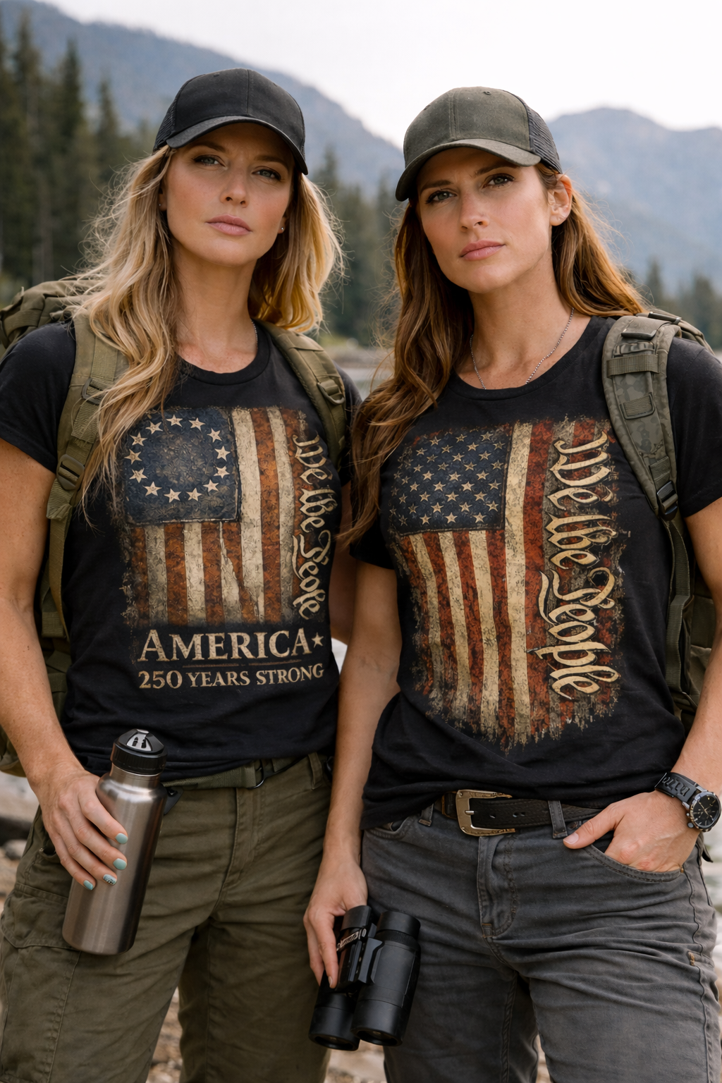Two women wearing patriotic shirts